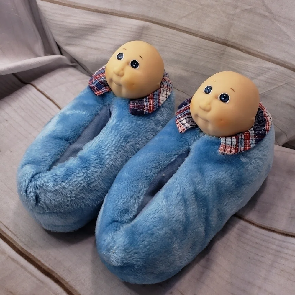 Cabbage Patch Kids Blue Plush Slippers Boy Head 1984 Youth 13 Slip On Bootie